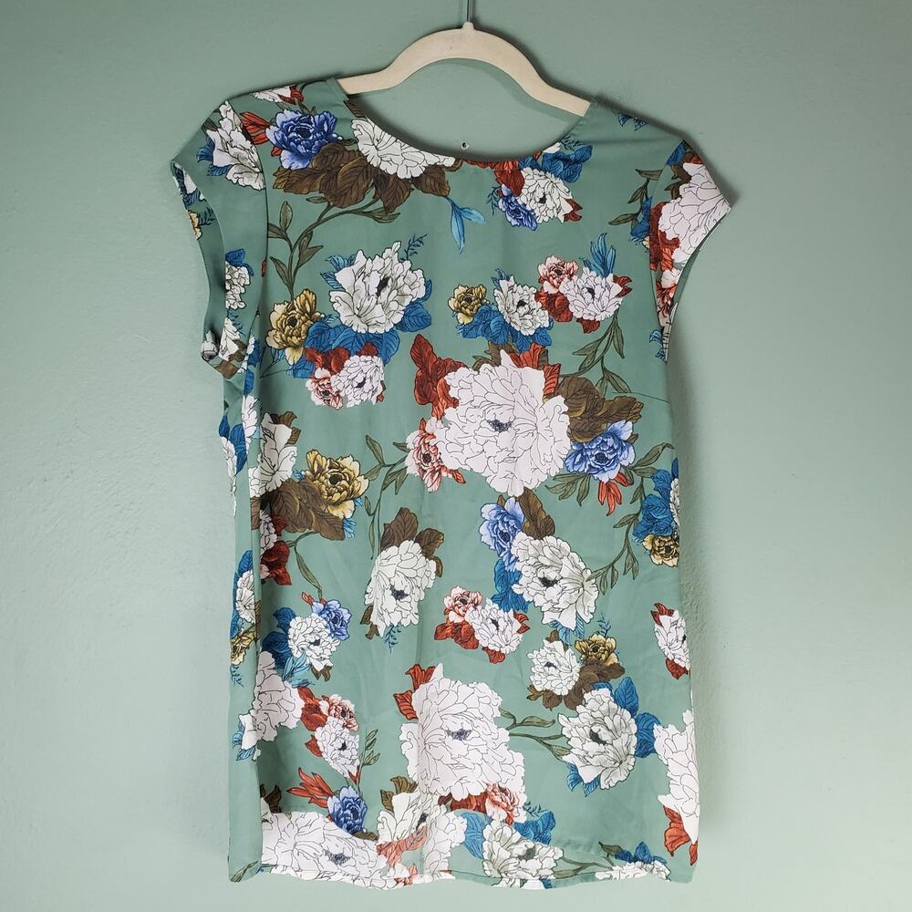 DR2 Womens Multicolor Green Floral Cap Sleeve Top Size Small